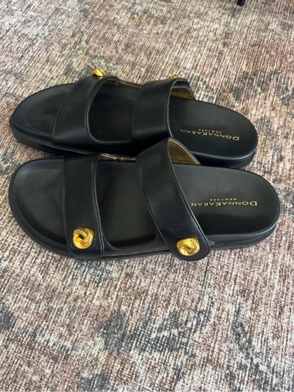 Donna Karan Black Leather Double-Strap Slides with Gold Accents